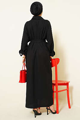 Yaka Çift Düğmeli Elbise Siyah - Elbise