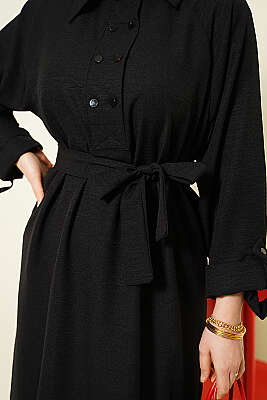 Yaka Çift Düğmeli Elbise Siyah - Elbise