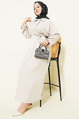 Yaka Çift Düğmeli Elbise Taş - HATUN