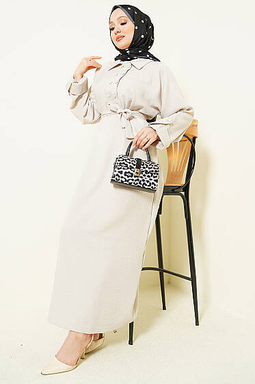 Yaka Çift Düğmeli Elbise Taş - Elbise