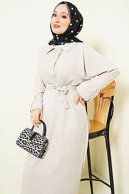 Yaka Çift Düğmeli Elbise Taş - Elbise