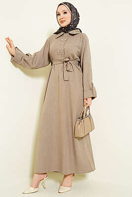 Yaka Çift Düğmeli Elbise Vizon - HATUN