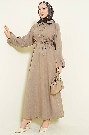 Yaka Çift Düğmeli Elbise Vizon - Elbise