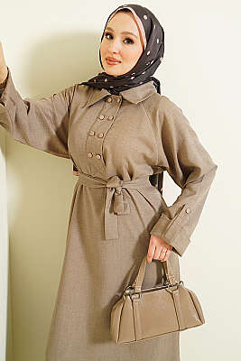 Yaka Çift Düğmeli Elbise Vizon - Elbise