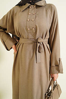 Yaka Çift Düğmeli Elbise Vizon - Elbise