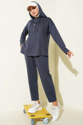 Yaka Çıtçıtlı Kapüşonlu İkili Takım Füme - FİXAY