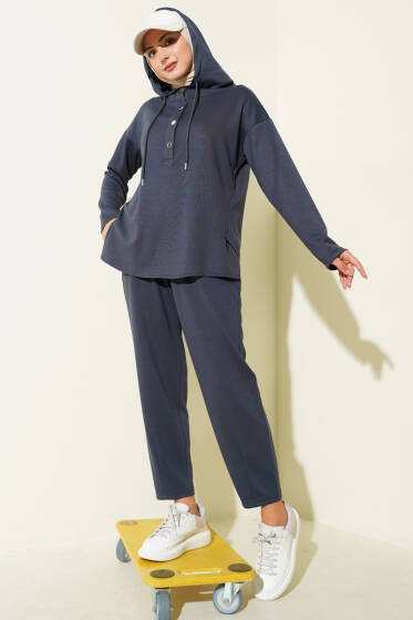 Yaka Çıtçıtlı Kapüşonlu İkili Takım Füme - İkili Takım