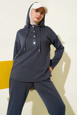 Yaka Çıtçıtlı Kapüşonlu İkili Takım Füme - İkili Takım