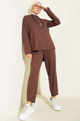 Yaka Çıtçıtlı Kapüşonlu İkili Takım Kahve - FİXAY