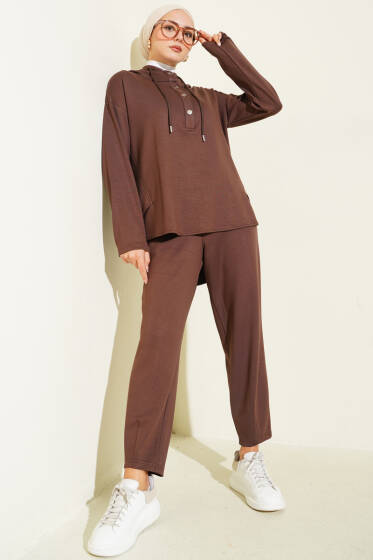 Yaka Çıtçıtlı Kapüşonlu İkili Takım Kahve - İkili Takım