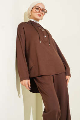 Yaka Çıtçıtlı Kapüşonlu İkili Takım Kahve - İkili Takım