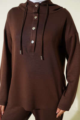 Yaka Çıtçıtlı Kapüşonlu İkili Takım Kahve - İkili Takım
