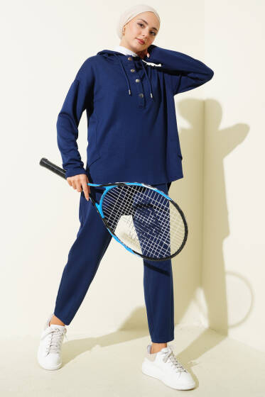 Yaka Çıtçıtlı Kapüşonlu İkili Takım Lacivert - İkili Takım