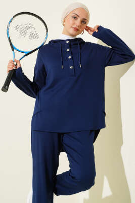 Yaka Çıtçıtlı Kapüşonlu İkili Takım Lacivert - İkili Takım