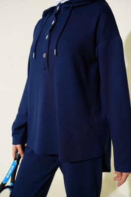 Yaka Çıtçıtlı Kapüşonlu İkili Takım Lacivert - İkili Takım