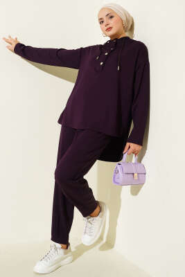 Yaka Çıtçıtlı Kapüşonlu İkili Takım Mor - FİXAY