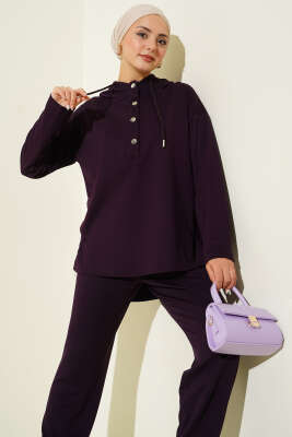 Yaka Çıtçıtlı Kapüşonlu İkili Takım Mor - İkili Takım