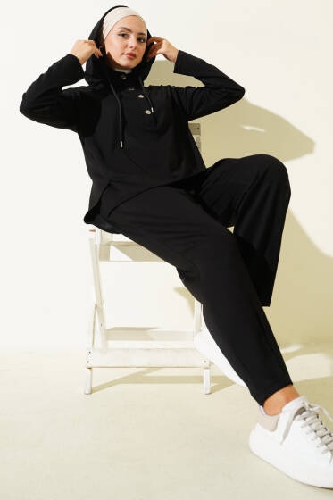 Yaka Çıtçıtlı Kapüşonlu İkili Takım Siyah - İkili Takım