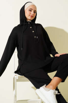 Yaka Çıtçıtlı Kapüşonlu İkili Takım Siyah - İkili Takım