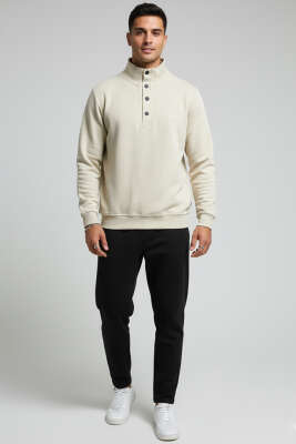 Yaka Çıtçıtlı Selanik Erkek Sweatshirt Bej - Erkek Sweatshirt