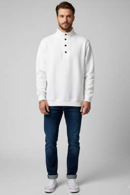 Yaka Çıtçıtlı Selanik Erkek Sweatshirt Beyaz - Erkek Sweatshirt