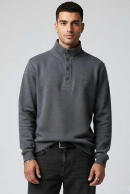 Yaka Çıtçıtlı Selanik Erkek Sweatshirt Füme - BESSE