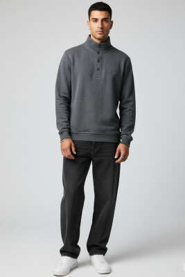 Yaka Çıtçıtlı Selanik Erkek Sweatshirt Füme - Erkek Sweatshirt