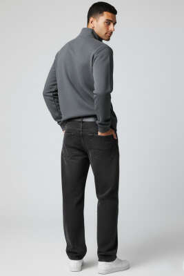 Yaka Çıtçıtlı Selanik Erkek Sweatshirt Füme - Erkek Sweatshirt