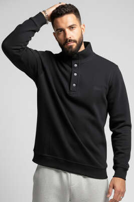 Yaka Çıtçıtlı Selanik Erkek Sweatshirt Siyah - BESSE