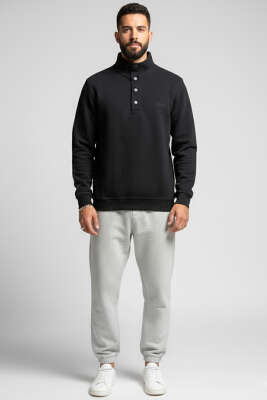 Yaka Çıtçıtlı Selanik Erkek Sweatshirt Siyah - Erkek Sweatshirt