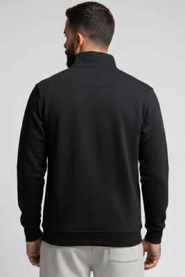 Yaka Çıtçıtlı Selanik Erkek Sweatshirt Siyah - Erkek Sweatshirt