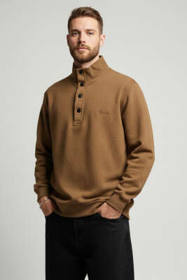 Yaka Çıtçıtlı Selanik Erkek Sweatshirt Taba - BESSE