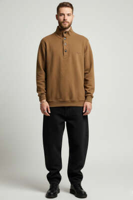 Yaka Çıtçıtlı Selanik Erkek Sweatshirt Taba - Erkek Sweatshirt