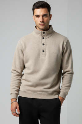 Yaka Çıtçıtlı Selanik Erkek Sweatshirt Vizon - BESSE