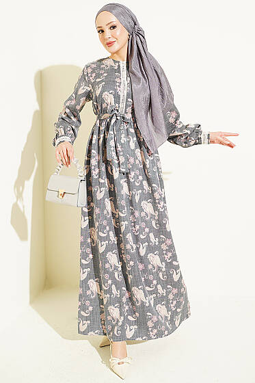 Yaka Dantel Şeritli Elbise Antrasit - Fendel