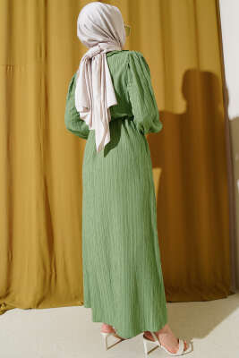 Yaka Dantelli Bel Tünelli Elbise Çağla Yeşili - Tesettür Elbise