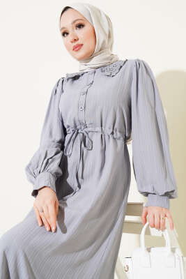Yaka Dantelli Bel Tünelli Elbise Gri - Tesettür Elbise