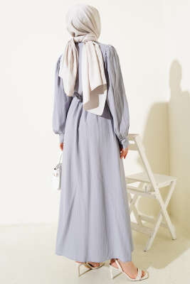 Yaka Dantelli Bel Tünelli Elbise Gri - Tesettür Elbise