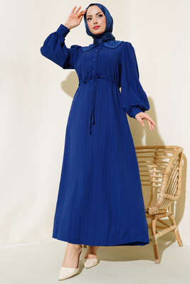 Yaka Dantelli Bel Tünelli Elbise Lacivert - Tesettür Elbise