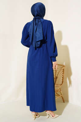 Yaka Dantelli Bel Tünelli Elbise Lacivert - Tesettür Elbise