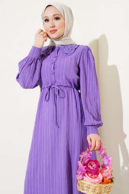 Yaka Dantelli Bel Tünelli Elbise Lila - Tesettür Elbise