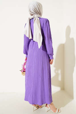 Yaka Dantelli Bel Tünelli Elbise Lila - Tesettür Elbise