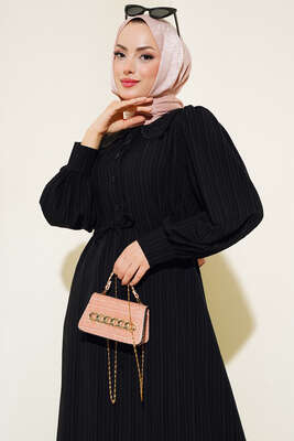 Yaka Dantelli Bel Tünelli Elbise Siyah - Tesettür Elbise