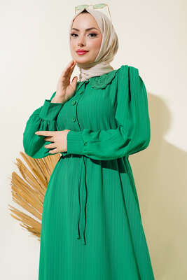 Yaka Dantelli Bel Tünelli Elbise Yeşil - Thumbnail