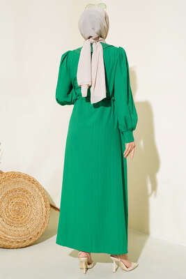Yaka Dantelli Bel Tünelli Elbise Yeşil - Thumbnail