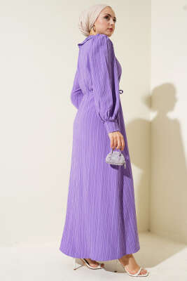 Yaka Dantelli Düğmeli Elbise Lila - Tesettür Elbise