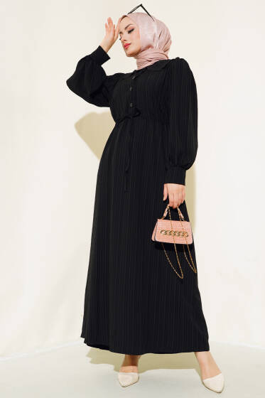 Yaka Dantelli Düğmeli Elbise Siyah - Elbise