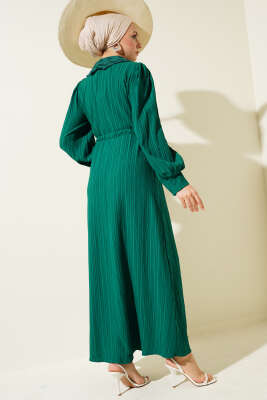 Yaka Dantelli Düğmeli Elbise Yeşil - Tesettür Elbise