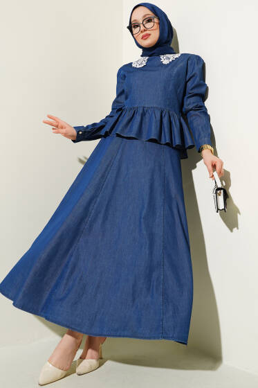 Yaka Dantelli Etekli İkili Takım Kot - İkili Takım