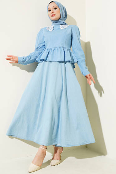 Yaka Dantelli Etekli İkili Takım Kot Mavisi - İkili Takım